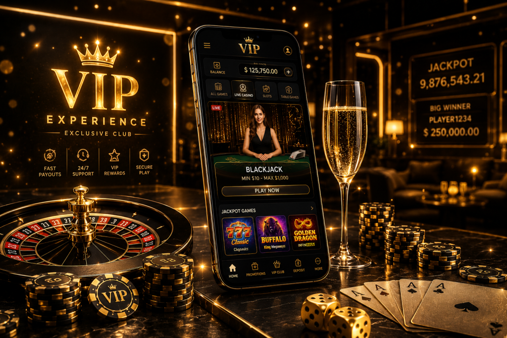 Cinematic 3D render of a luxury VIP casino lounge with smartphone casino app, roulette wheel, stacked poker chips, golden particles, playing cards, and elegant ambient lighting.