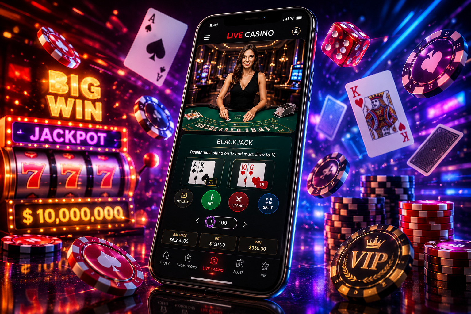 Dynamic online casino promotional image featuring a live casino mobile app, jackpot slot machine, floating poker chips, cards, and immersive red blue purple neon lighting.