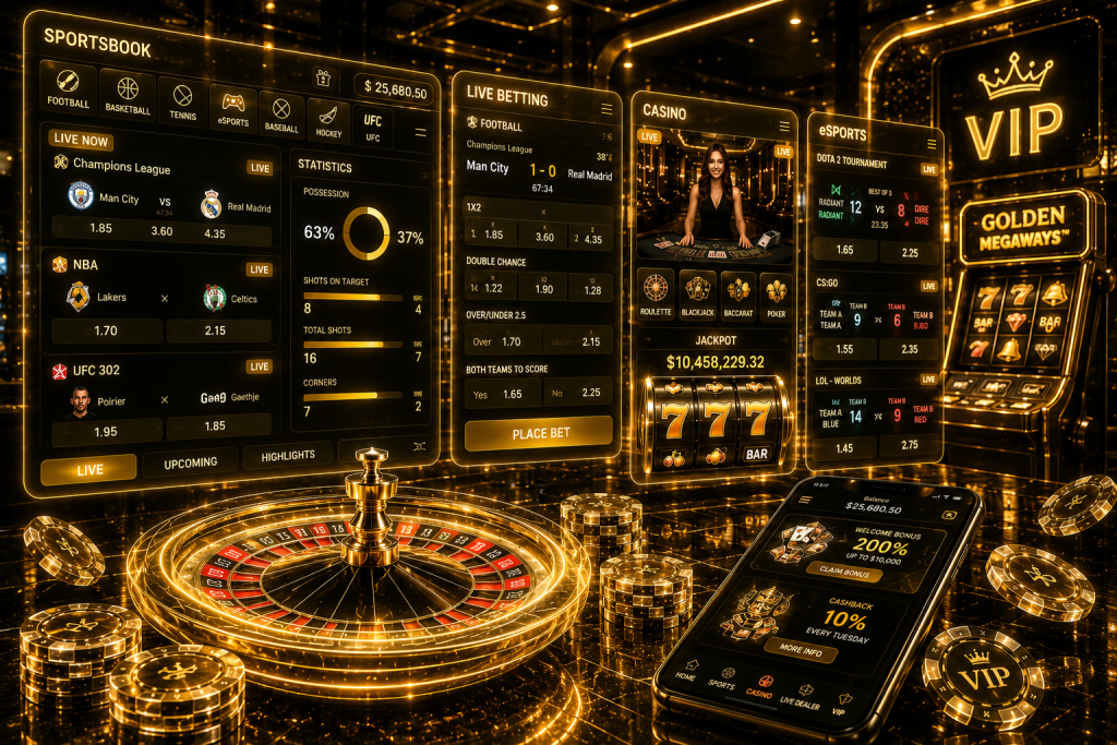 Hyper-realistic futuristic online casino and sportsbook scene with gold holographic betting dashboard, glowing roulette wheel, VIP slot machine, esports betting interface, and luxury casino mobile app.