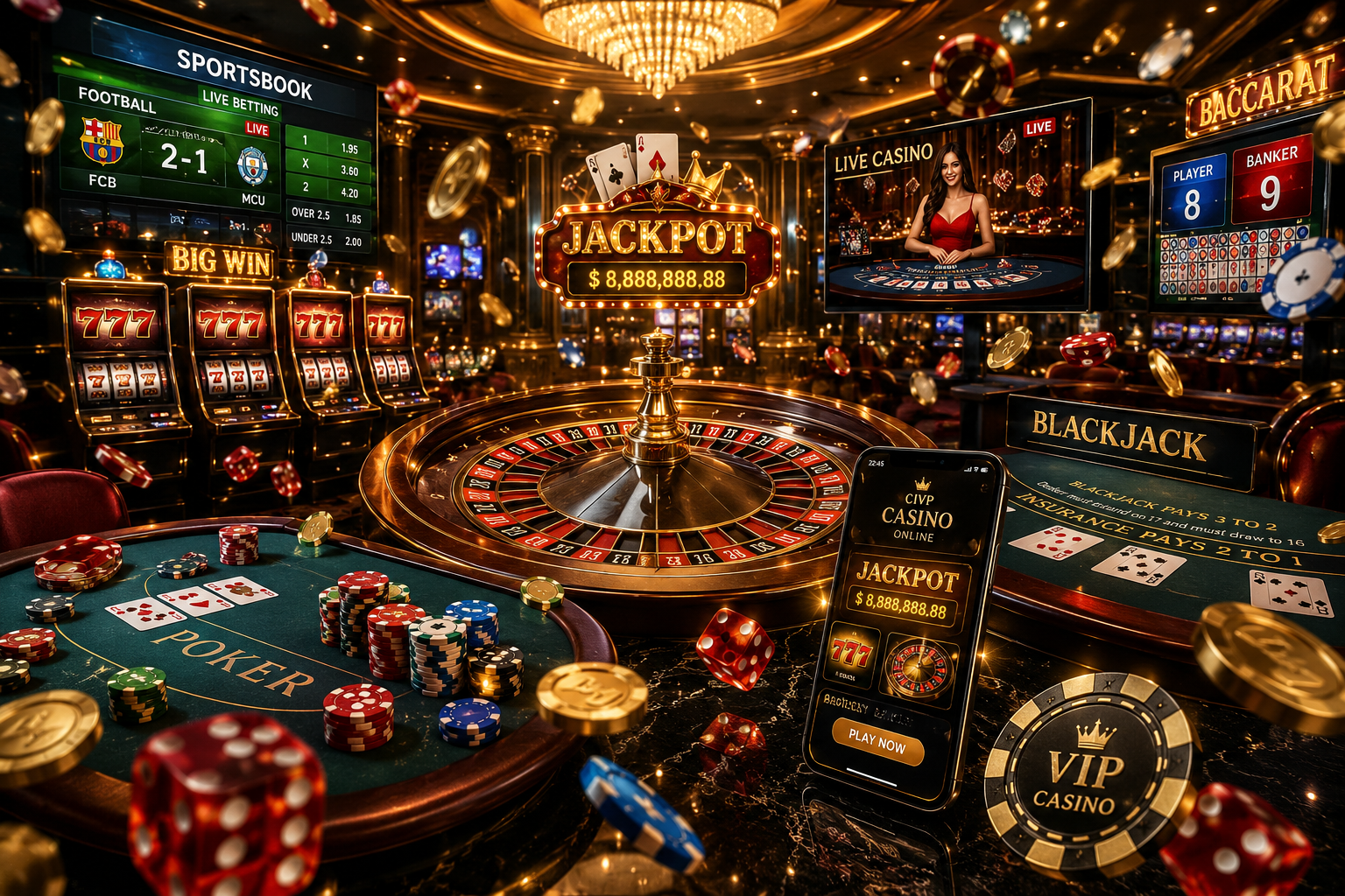 Hyper-realistic VIP casino hall featuring illuminated roulette wheel, jackpot slot machines, poker table, baccarat table, floating casino chips, red dice, raining gold coins, luxury chandelier lighting, and online casino mobile app display.