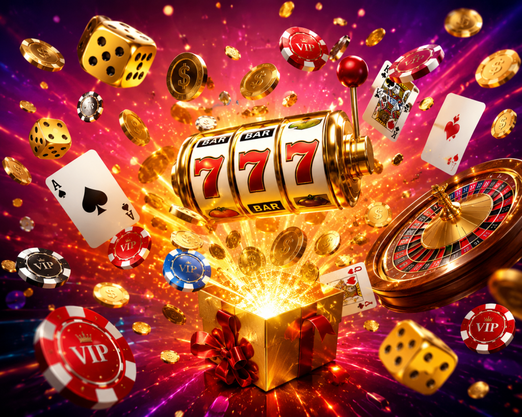 Ultra-realistic casino jackpot celebration artwork with floating golden dice, poker chips, playing cards, roulette wheel, gold coins bursting from a gift box, and a glowing 777 slot machine on a colorful red and purple background.