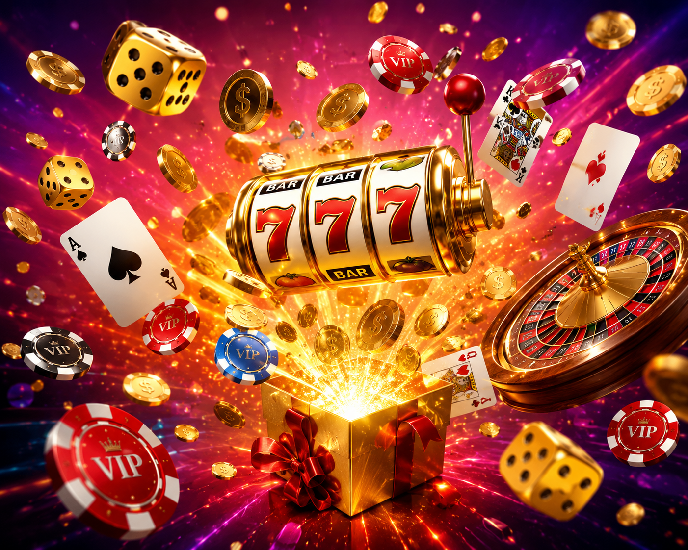 Ultra-realistic casino jackpot celebration artwork with floating golden dice, poker chips, playing cards, roulette wheel, gold coins bursting from a gift box, and a glowing 777 slot machine on a colorful red and purple background.