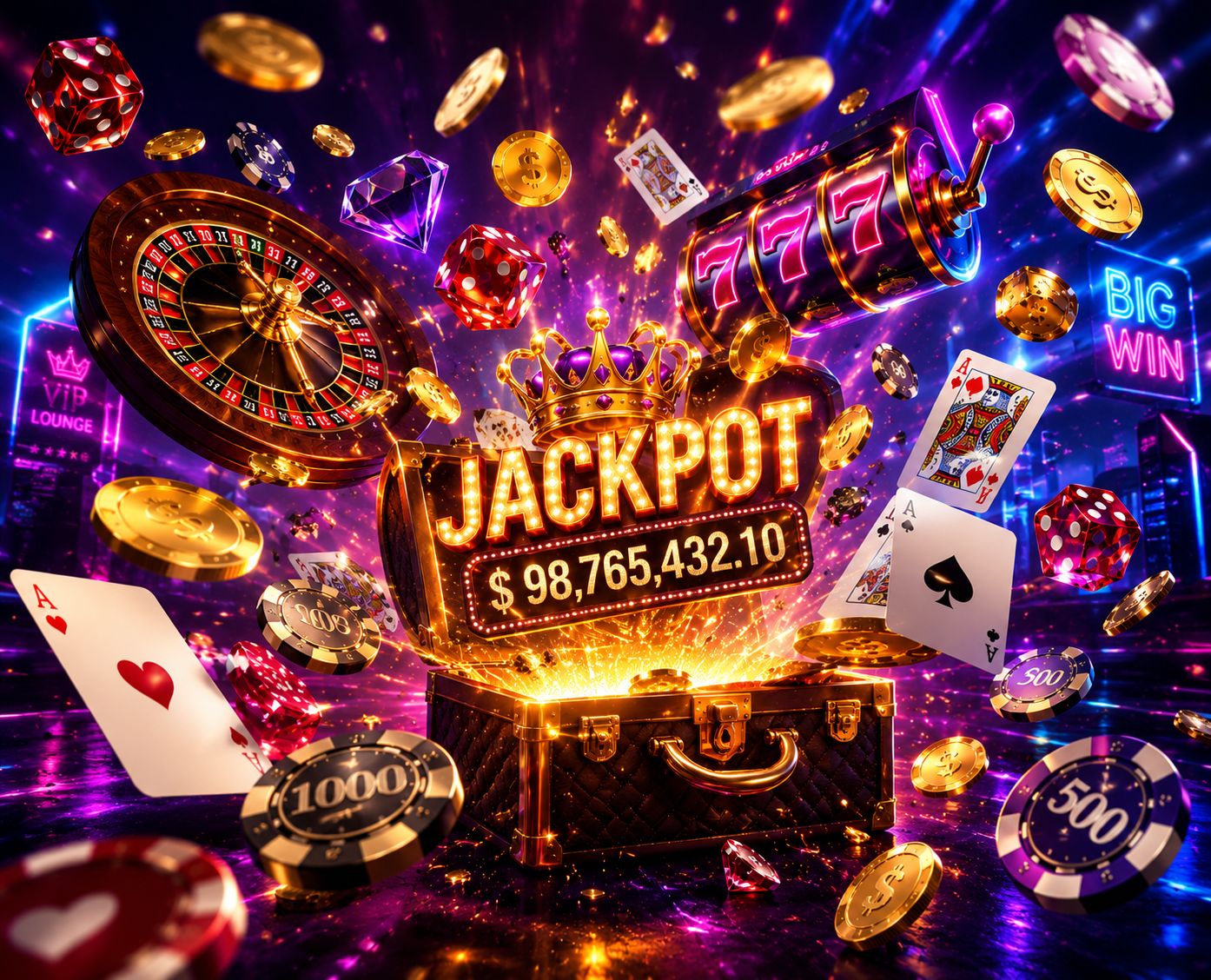 Vibrant neon casino jackpot artwork featuring a glowing jackpot sign rising from a treasure chest with floating gold coins, roulette wheel, red crystal dice, poker chips, playing cards, and a neon 777 slot machine on a colorful purple and blue background.