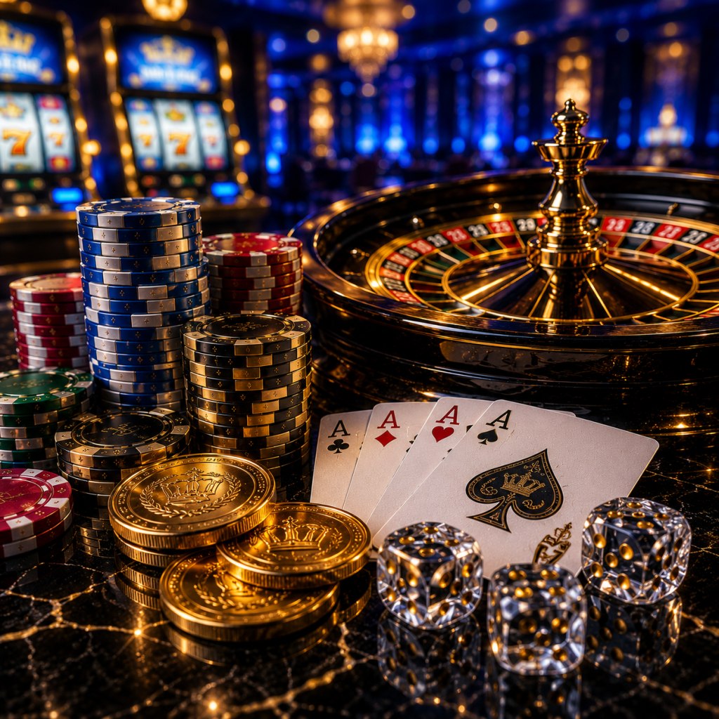 Square luxury casino tabletop featuring a polished roulette wheel, premium poker chips, gold coins, crystal dice, royal playing cards, and glowing slot machines in the background.