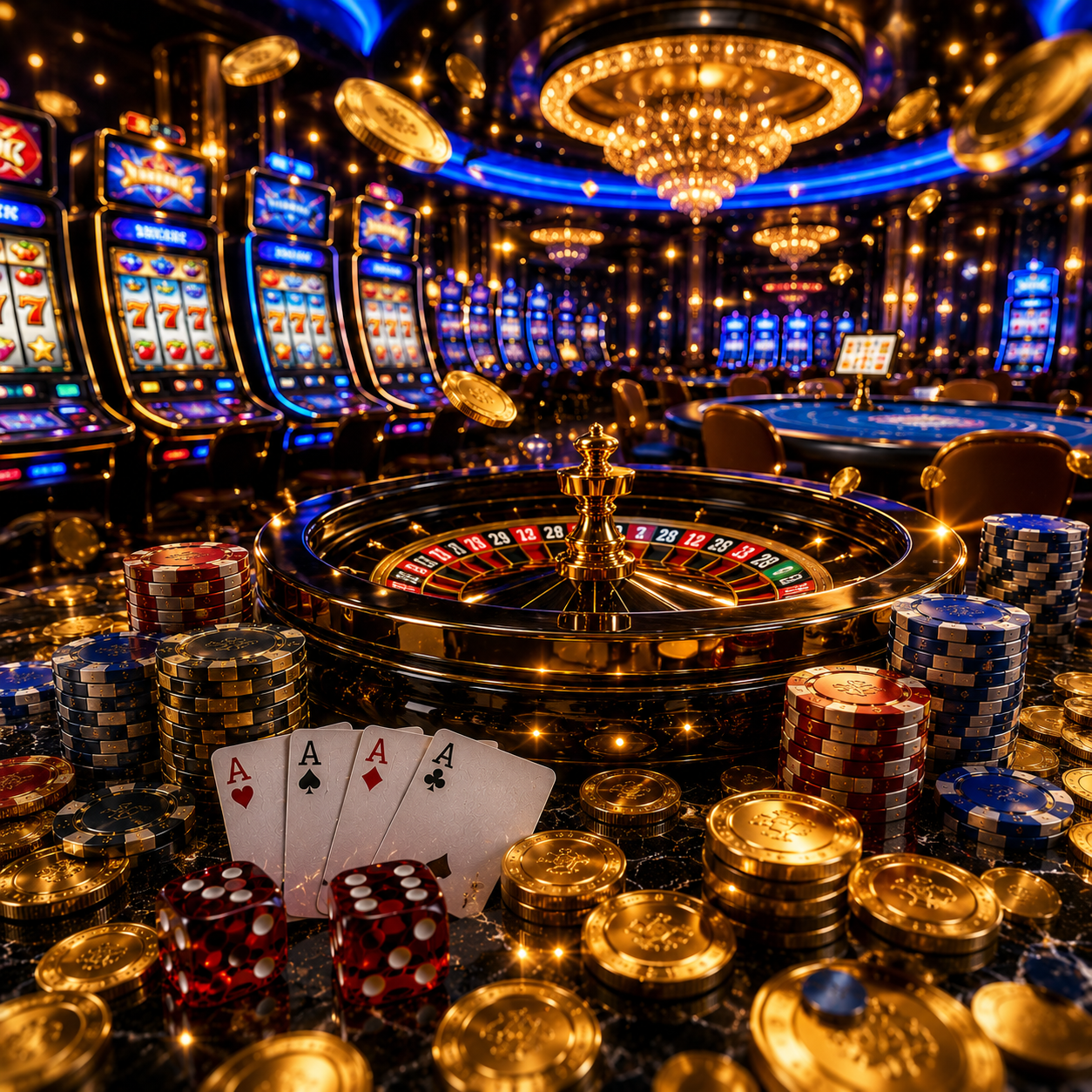 Square luxury online casino interior featuring a polished roulette wheel, glowing slot machines, poker chips, gold coins, crystal dice, and playing cards in a premium gaming environment.