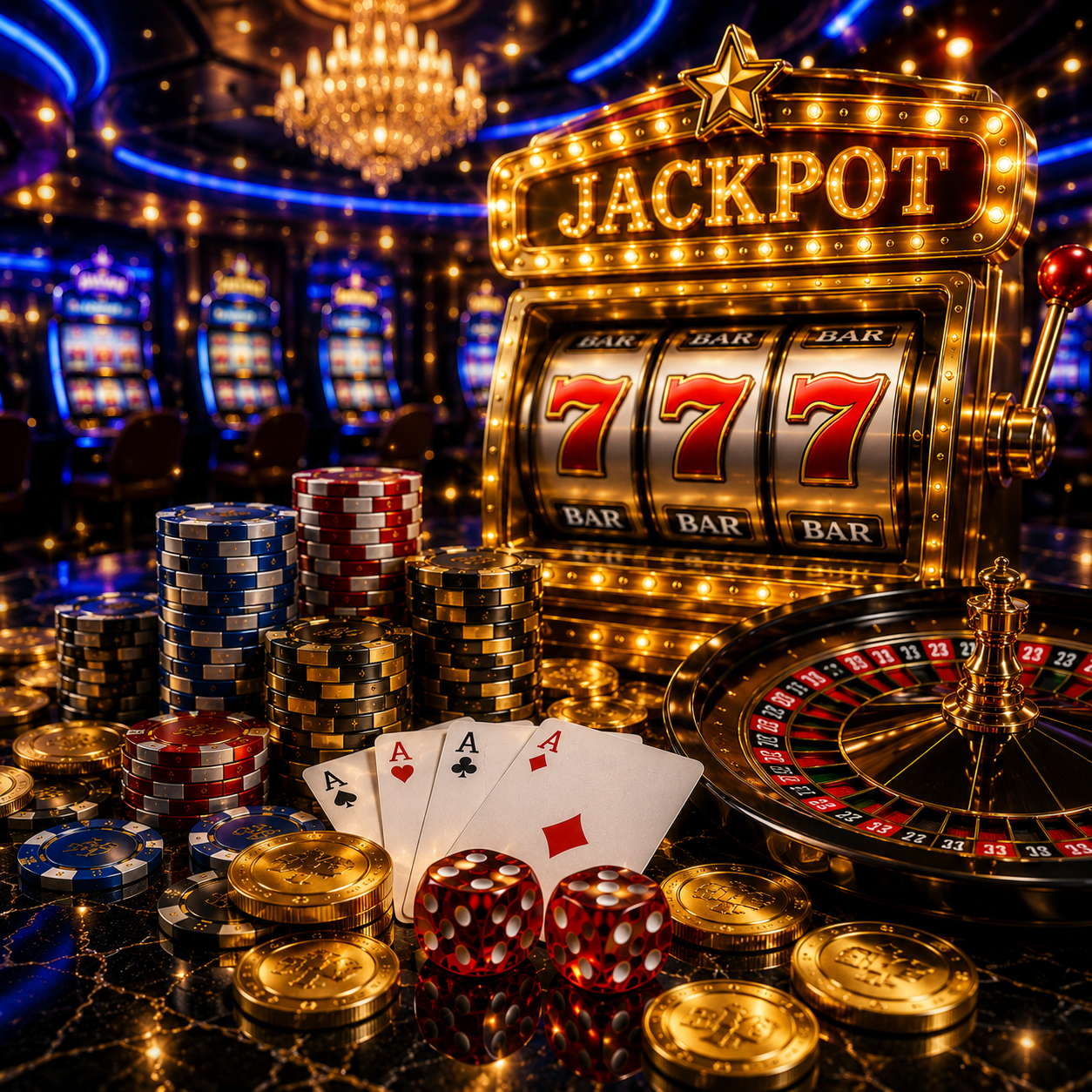 Experience a premium online casino atmosphere with jackpot slot machines, roulette, poker chips, gold coins, and luxury gaming elements in a high-end casino setting.