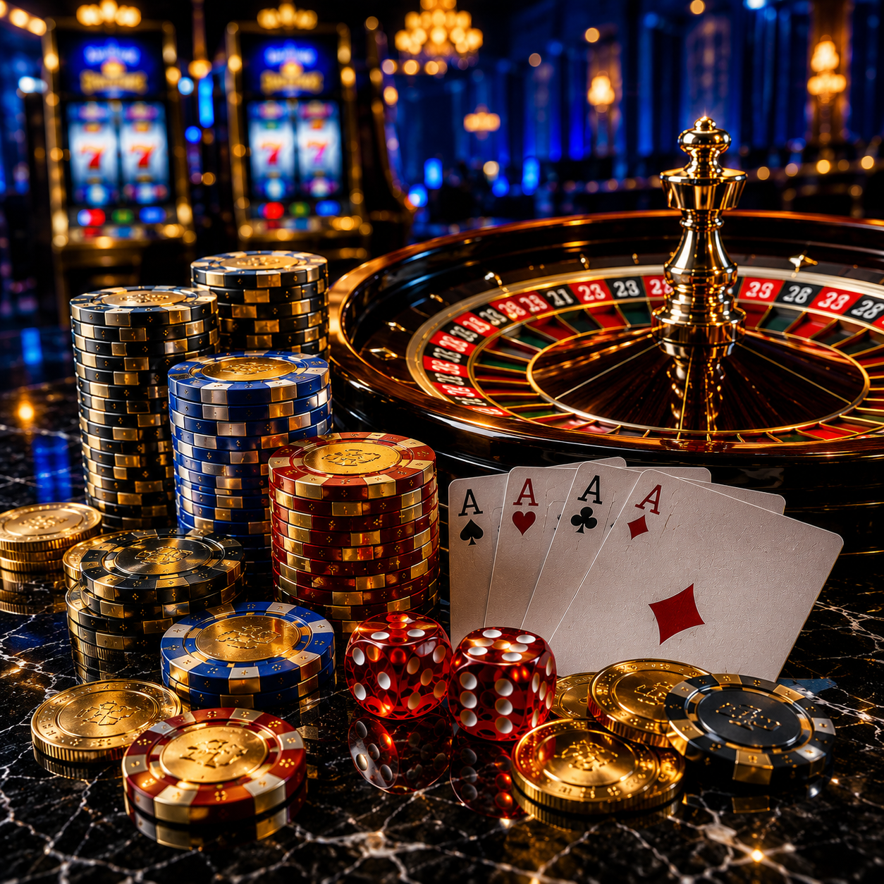 A premium casino scene showcasing a polished roulette wheel, luxury poker chips, gold coins, crystal dice, and playing cards in an elegant gaming environment.