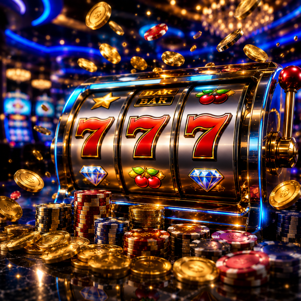 A premium online casino scene showcasing a luxury slot machine with 777 jackpot symbols, gold coins, poker chips, and a high-end gaming atmosphere.