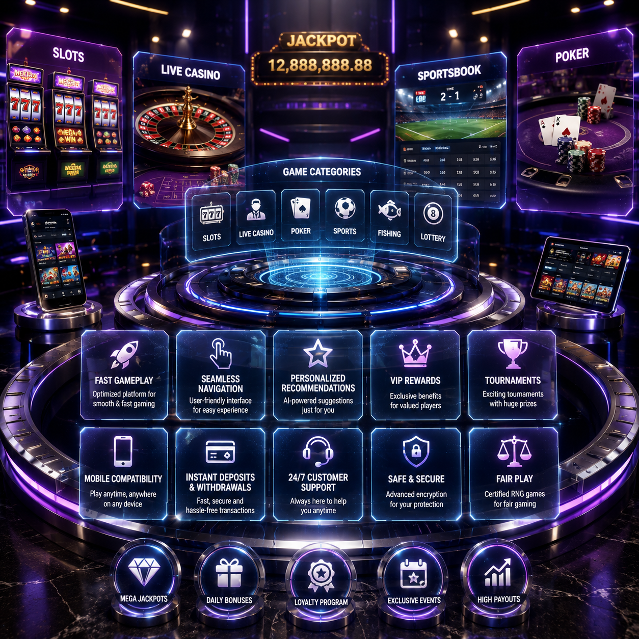 Square image featuring a futuristic online casino platform with glowing slot machines, live casino, sportsbook, poker, jackpot display, holographic game categories, VIP rewards, mobile gaming, and premium casino features in a modern digital gaming environment.