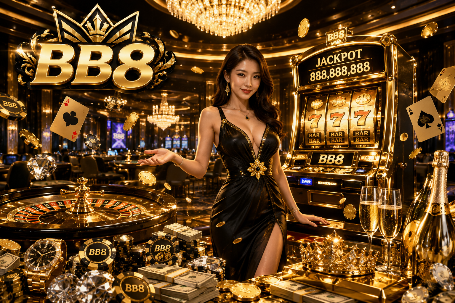 A luxurious BB8 online casino featuring an elegant female dealer, golden slot machines, roulette table, poker chips, jackpots, and a premium black and gold casino interior.
