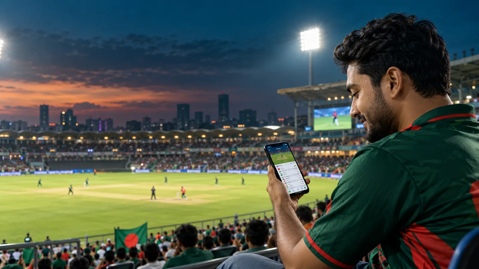 Cricket fan using a smartphone at a stadium in Bangladesh